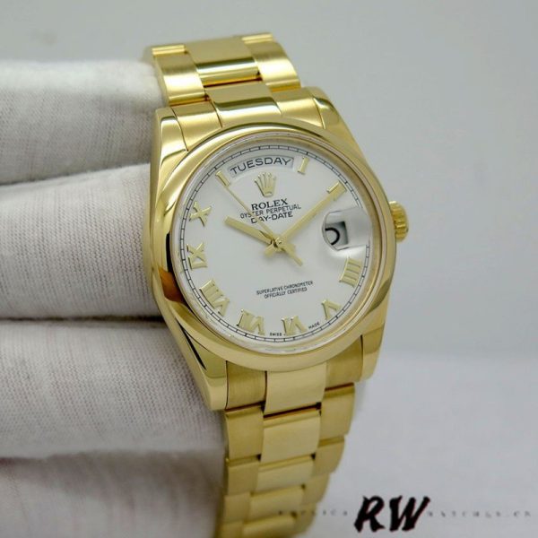 Rolex Day-Date 118208 Yellow Gold White Dial Roman Numeral 36mm Unisex Replica Watch - Image 2