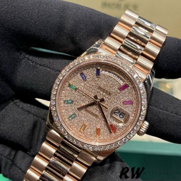 Rolex Day-Date 128345RBR Diamond Paved Dial Everose Gold 36MM Unisex Replica Watch - Image 3