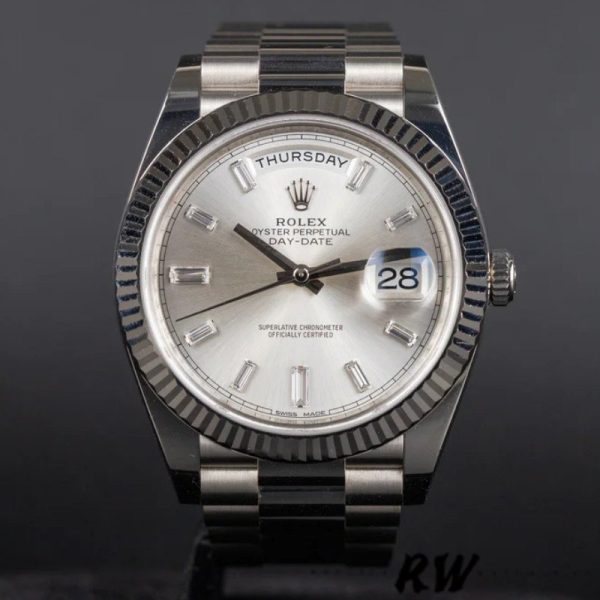 Rolex Day-Date 228239 Silver Baguette Diamond Dial Fluted Bezel 40mm Mens Replica Watch - Image 2