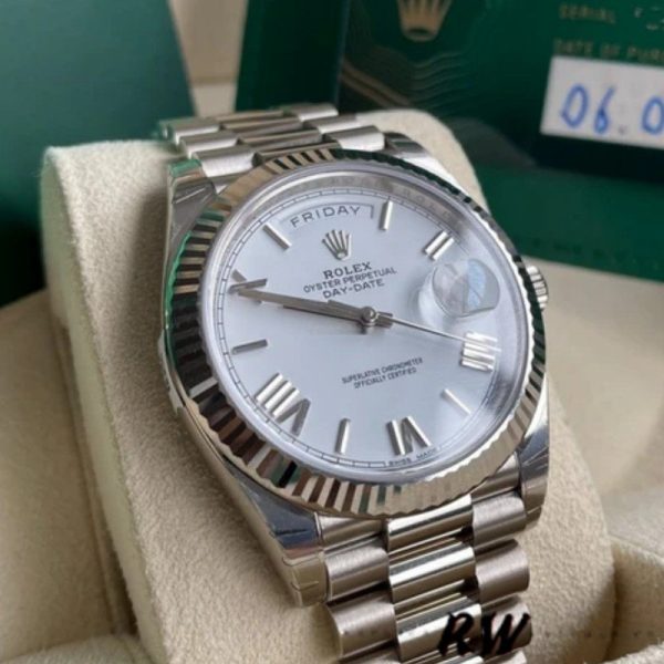 Rolex Day-Date 228239 White Roman Dial Fluted Bezel 40mm Mens Replica Watch - Image 3