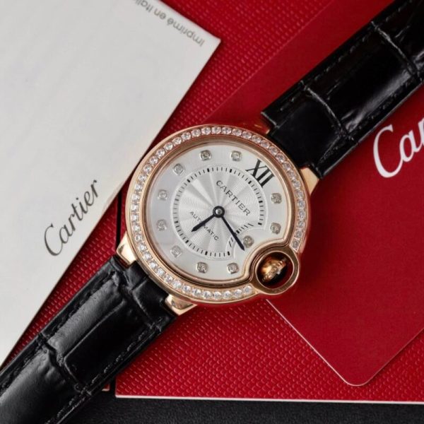 Cartier Ballon Bleu Rose Gold White Diamond Dial Diamond Bezel Leather Replica 39mm - Image 2
