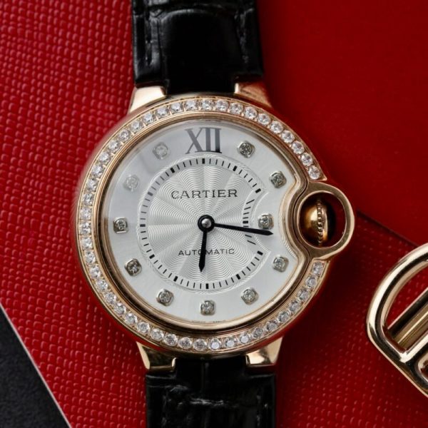 Cartier Ballon Bleu Rose Gold White Diamond Dial Diamond Bezel Leather Replica 39mm - Image 3