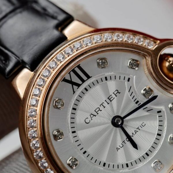 Cartier Ballon Bleu Rose Gold White Diamond Dial Diamond Bezel Leather Replica 39mm - Image 4