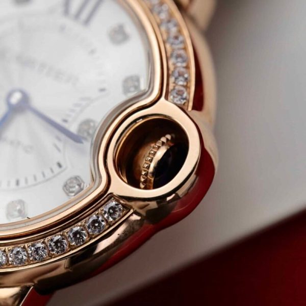 Cartier Ballon Bleu Rose Gold White Diamond Dial Diamond Bezel Leather Replica 39mm - Image 5