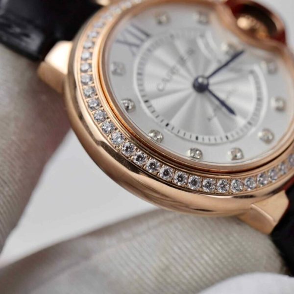 Cartier Ballon Bleu Rose Gold White Diamond Dial Diamond Bezel Leather Replica 39mm - Image 6