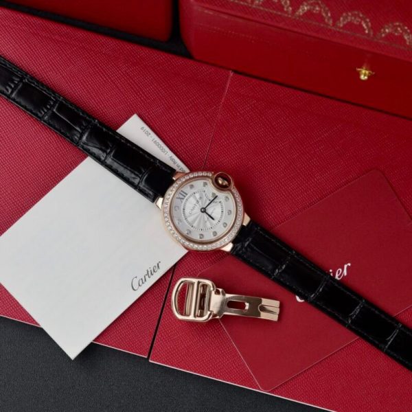 Cartier Ballon Bleu Rose Gold White Diamond Dial Diamond Bezel Leather Replica 39mm - Image 8