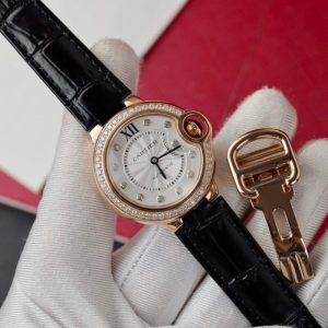 Cartier Ballon Bleu Rose Gold White Diamond Dial Diamond Bezel Leather Replica 39mm