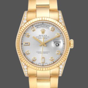 Rolex Day-Date 118338 Yellow gold Silver Diamond dial 36mm Unisex Replica Watch