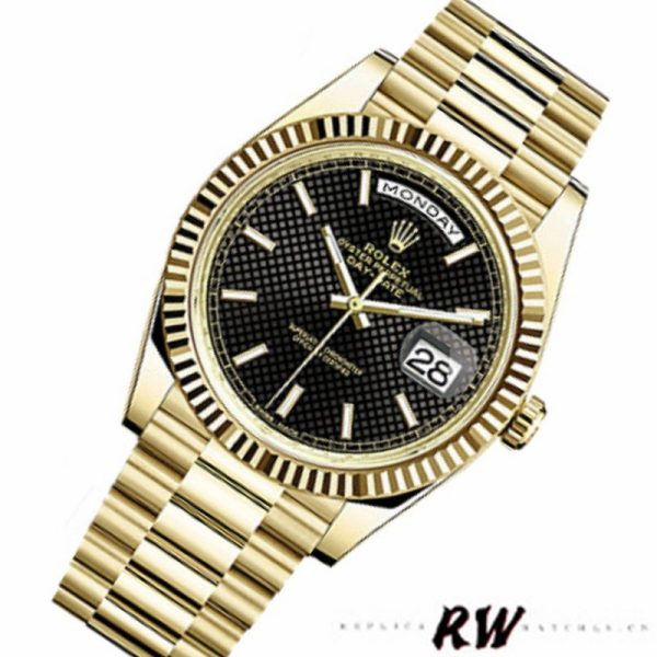 Rolex Day-Date 228238 Black Diagonal Motif Dial Fluted Bezel 40mm Mens Replica Watch - Image 2