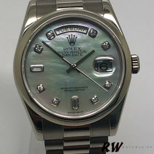 Rolex Day-Date 118206 Platinum White Mother of Pearl Diamond Dial 36mm Unisex Replica Watch - Image 2
