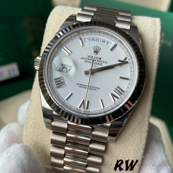 Rolex Day-Date 228239 White Roman Dial Fluted Bezel 40mm Mens Replica Watch - Image 2