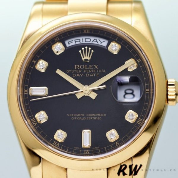 Rolex Day-Date 118208 Black Diamond Dial Yellow Gold 36mm Unisex Replica Watch - Image 2