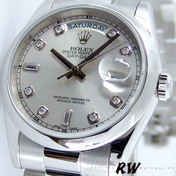 Rolex Day-Date 118206 Silver Diamond Dial Platinum 36mm Unisex Replica Watch - Image 2