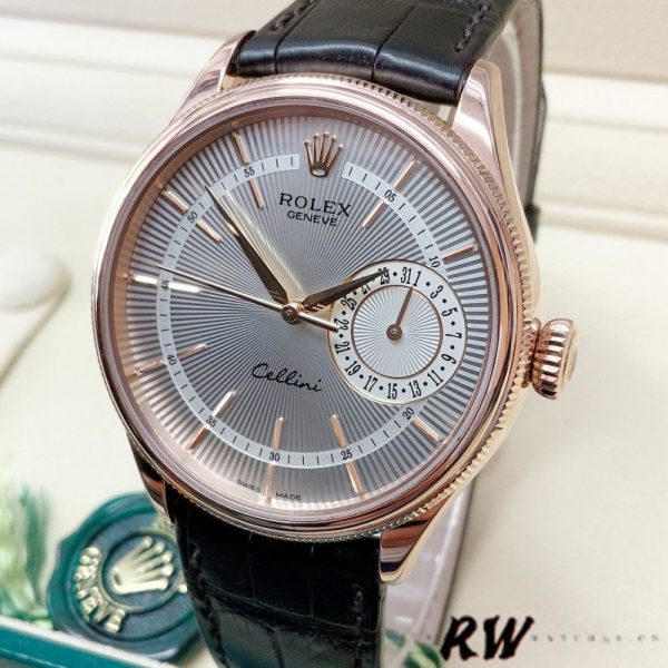 Rolex Cellini Date 50515 Rose Gold Silver Guilloche Index Dial 39mm Mens Replica Watch - Image 4
