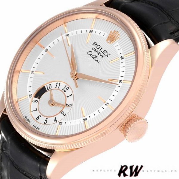 Rolex Cellini Dual Time 50525 Silver Dial Black Leather Strap 39mm Mens Replica Watch - Image 4