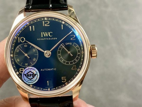 IWC Portugieser IW500713 Rose Gold Blue Dial Leather Strap Best Replica APSF 42mm