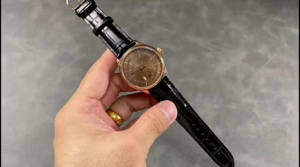 Rolex Cellini Dual Time 50525 Brown Guilloche Dial Black Leather Strap 39mm Mens Replica Watch - Image 2