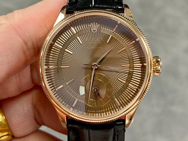 Rolex Cellini Dual Time 50525 Brown Guilloche Dial Black Leather Strap 39mm Mens Replica Watch - Image 3